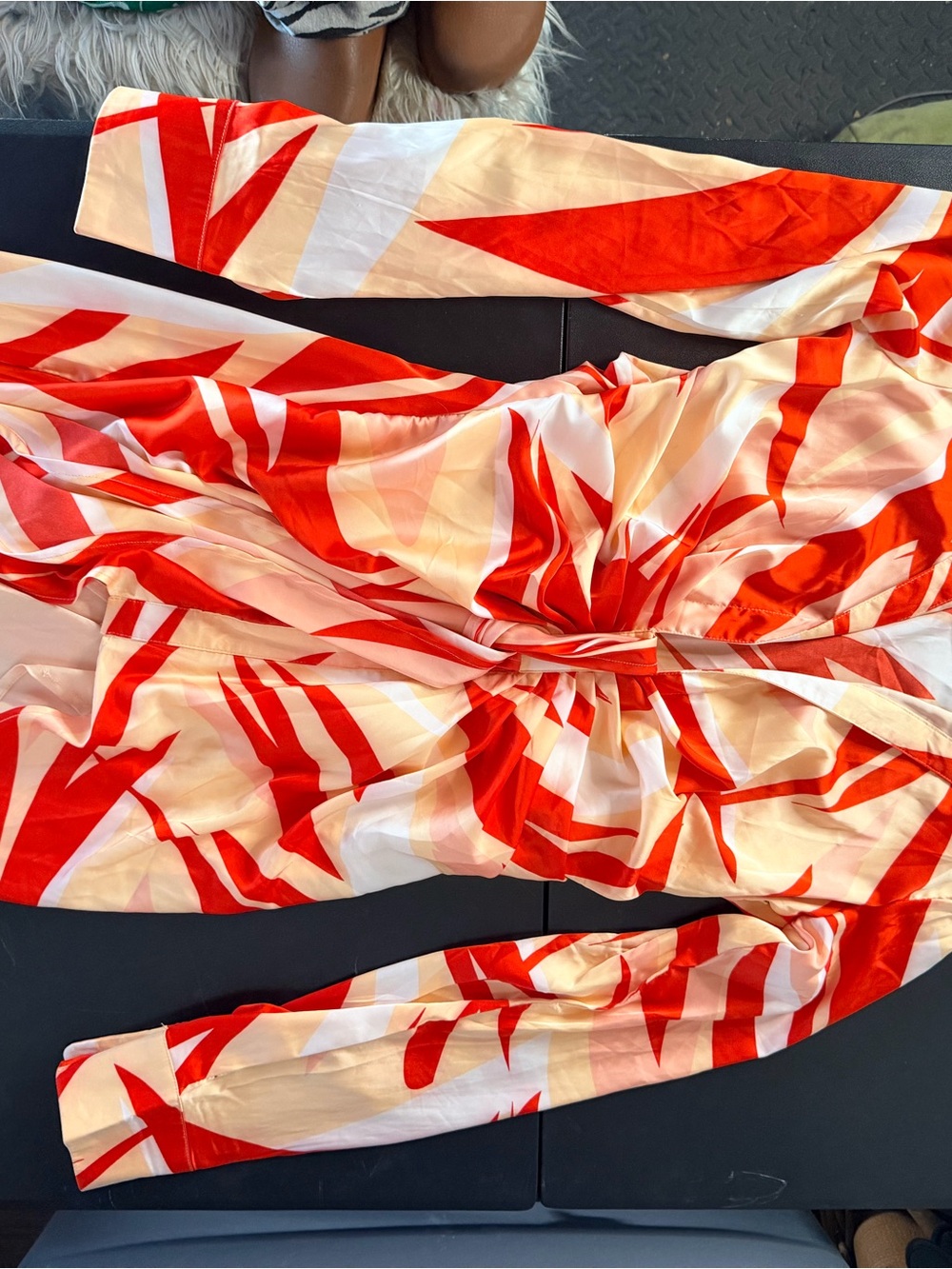 Red & White Abstract Print Long Sleeve Twist Front Dress